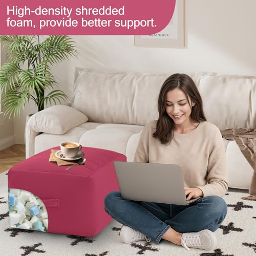 MeMoreCool Square Stuffed Pouf Ottoman Foot Rest, Floor Pouf Foot Stool with Foam Chunk Filling, Soft Stuffed Ottoman Footrest for Living Room - color: Striped Magenta