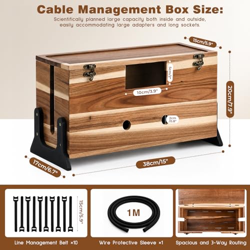 Extra Large Cable Management Box, 14.2-Inch Acacia Wood Cord Hider Box with Dual Locks and Magnetic Lid, Power Strip Cover and Cable Organizer for Desk, Floor, TV Wires and Home Office