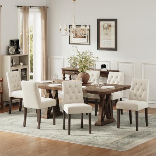 Upholstered Dining Chairs Set of 6, Modern Fabric Dining Chairs with Tufted Design, Kitchen Side Chairs, Farmhouse Dinner Chair with Wood Legs for Kitchen Restaurant Living Room, Beige - color: Beige, size: Set of 6