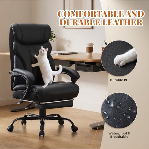 Office Chair with Footrest 500 LBS, Heavy Duty Executive Leather Desk Chair 100-135° Recline, Ergonomic Computer Chair for Heavy People Long Hours Work with Retractable Footrest, Black - color: Black With Footrest