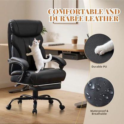 Office Chair with Footrest 500 LBS, Heavy Duty Executive Leather Desk Chair 100-135° Recline, Ergonomic Computer Chair for Heavy People Long Hours Work with Retractable Footrest, Black - color: Black With Footrest