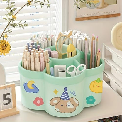 Desk Pencil Pen Holder - 5 Slot 360 Degree Rotating Desk Pen Organizer for Desktop Storage Stationery Supplies Cup Pot-Green - color: Green