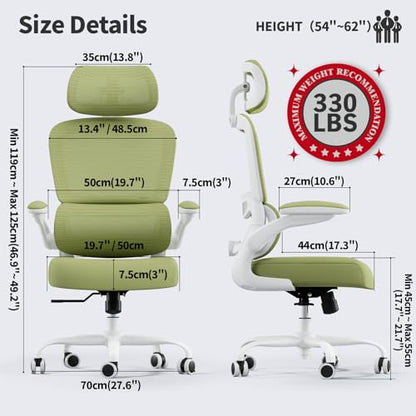 TRALT Office Chair Ergonomic Desk Chair - Gaming Chair with Lumbar Support | 330 LBS Home Office Desk Chairs with Headrest, Reading Chair with Flip-up Armrests, Comfortable Computer Chairs (1, Green) - color: Green