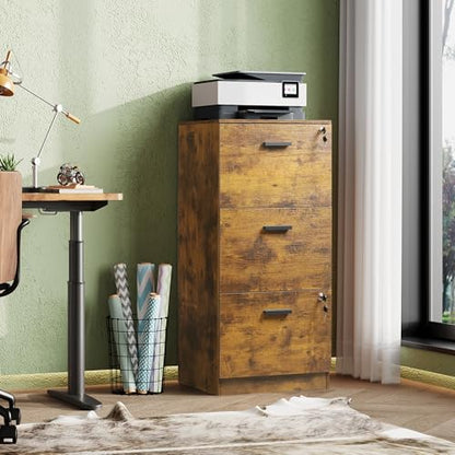 DEVAISE 3 Drawer File Cabinet with Lock, Wood Printer Stand, Rustic Brown - color: Rustic Brown