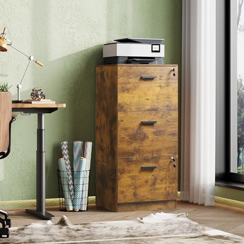 DEVAISE 3 Drawer File Cabinet with Lock, Wood Printer Stand, Rustic Brown - color: Rustic Brown
