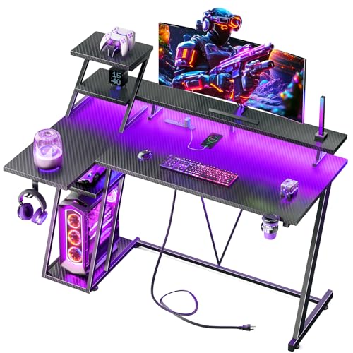 Korfile 47 Inch Gaming Desk with LED Lights & Power Outlet, L Shaped Computer Desk with Storage Shelves, Gamer Workstations with Monitor Stand for Bedroom, Carbon Fiber Black | L Shaped Computer Desk, Gamer Workstations, Storage Shelves, Monitor Stand, fo