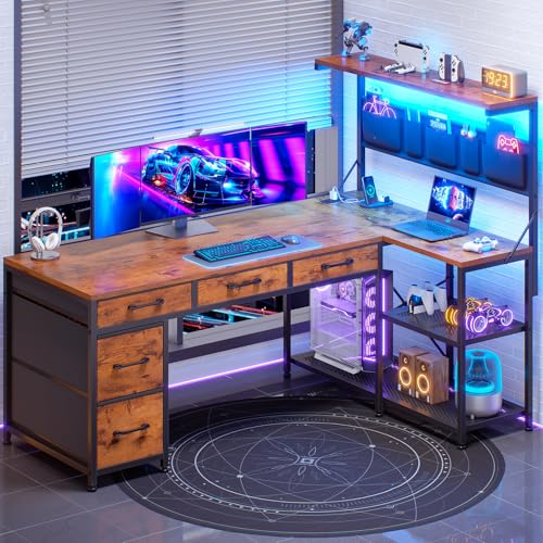 SEDETA 47.2" Reversible L Shaped Office Desk with Drawers, Hutch, Shelves | L Shaped Computer Desk with 5 Fabric Drawers, Storage, Power Outlet and LED Lights for Home Office, Rustic Brown - color: Rustic Brown