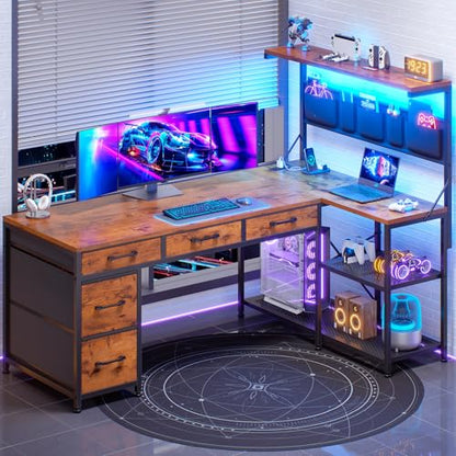SEDETA 47.2" Reversible L Shaped Office Desk with Drawers, Hutch, Shelves | L Shaped Computer Desk with 5 Fabric Drawers, Storage, Power Outlet and LED Lights for Home Office, Rustic Brown - color: Rustic Brown