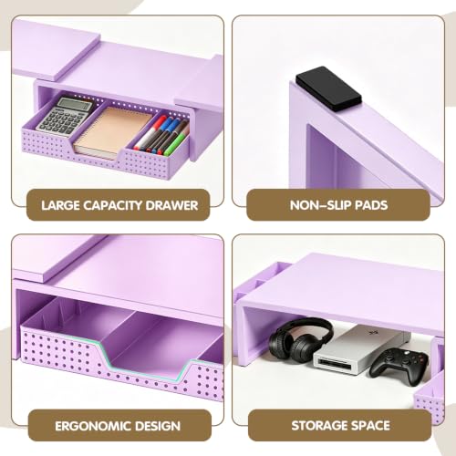 LEKETREE Dual Monitor Stand Riser with Drawer and 2 Pen Holders, Purple - color: Purple