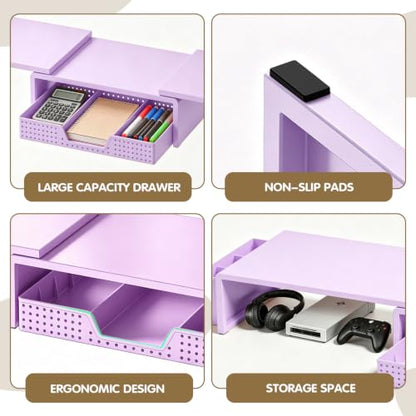 LEKETREE Dual Monitor Stand Riser with Drawer and 2 Pen Holders, Purple - color: Purple