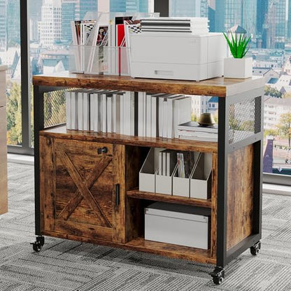 FUSUNBAO Farmhouse Printer Stand with Storage, Printer Table with Charge Station and Wheels, Rolling Printer Cabinet with Shelves, Printer Cart, and File Cabinet for Home Office Storage(Rustic Brown) - color: Rustic Brown
