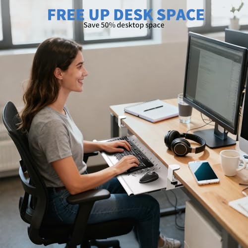 Keyboard Tray Under Desk - Full Metal Slide Out Holder, Rust-Resistant & Scratch-Proof, Double C-Clamps, 26x13" Tray for L Shape/Regular Desks, Standing/Sitting Workstation(White-A) - color: White