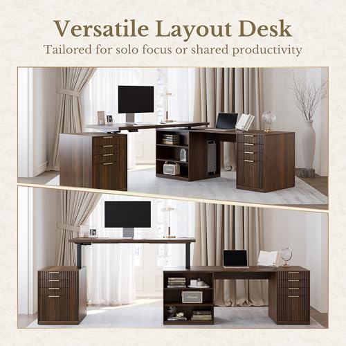 L Shaped Electric Standing Desk, 81'' x 68" Executive Height Adjustable Desk with Drawers and File Cabinet, AC/USB, Fluted Computer Desk with Storage Shelves for Home Office, Black Walnut - color: Black Walnut