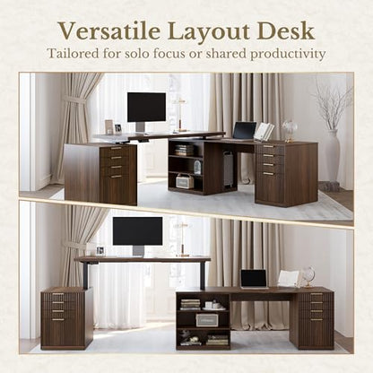 L Shaped Electric Standing Desk, 81'' x 68" Executive Height Adjustable Desk with Drawers and File Cabinet, AC/USB, Fluted Computer Desk with Storage Shelves for Home Office, Black Walnut - color: Black Walnut
