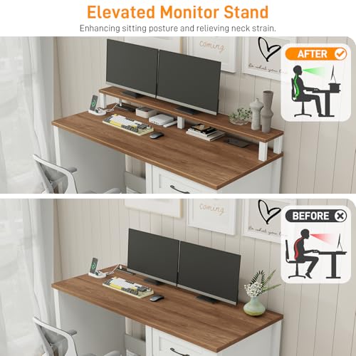 Vabches 47" Farmhouse Executive Desk with 4 Drawers,LED Lights,Unique White - color: Unique White, size: 4 Drawers & Monitor Stand