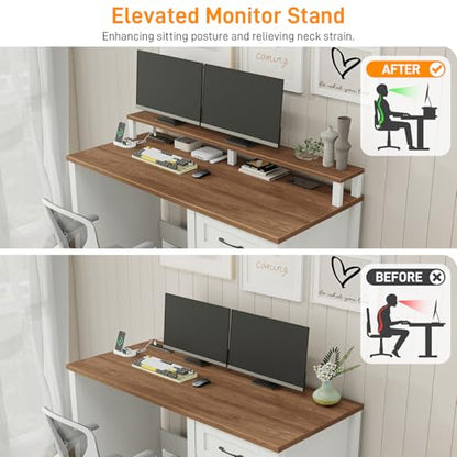 Vabches 47" Farmhouse Executive Desk with 4 Drawers,LED Lights,Unique White - color: Unique White, size: 4 Drawers & Monitor Stand