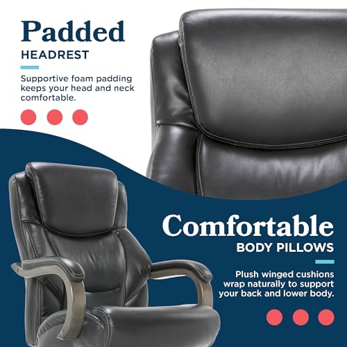 La-Z-Boy Delano Big and Tall Executive Office Chair - Ergonomic Lumbar Support Memory Foam - Bonded Leather Desk Chair for Home Office - Weathered Grey Wood Arms - Black - color: Black With Weathered Gray Wood