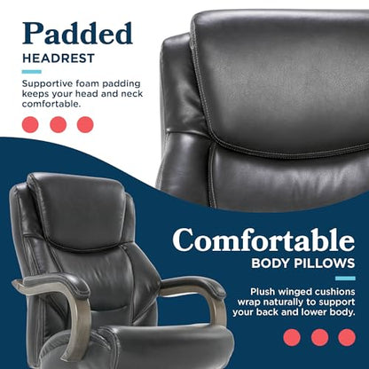 La-Z-Boy Delano Big and Tall Executive Office Chair - Ergonomic Lumbar Support Memory Foam - Bonded Leather Desk Chair for Home Office - Weathered Grey Wood Arms - Black - color: Black With Weathered Gray Wood