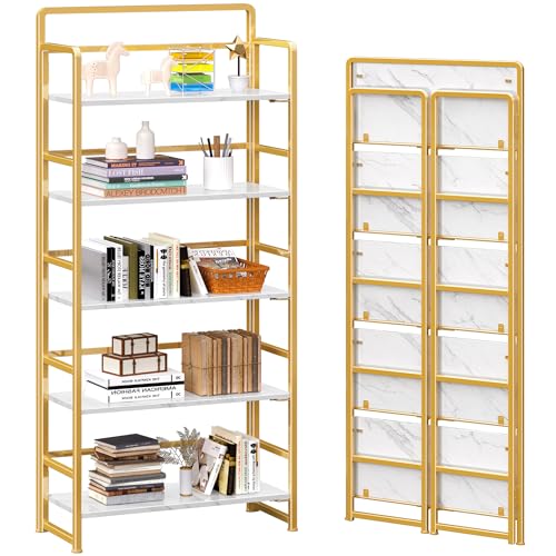 4NM No Assembly 5 Tiers Folding Bookshelf Storage Shelves Vintage Bookcase Standing Racks Study Organizer Home Office (White Gold) - color: White Gold, size: Standard 5 Tiers