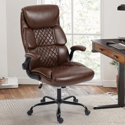 Office Chair - Ergonomic High Back Computer Desk Chair with Rocking Function & Lumbar Support - Executive Comfortable Wide Swivel Rolling Office Leather Chair with Flip-up Armrests for Home Gaming - color: Auburn Brown, size: 9008 With Flip-up Armrests