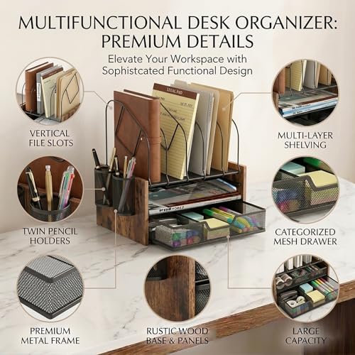 Desk Organizer with Drawer, Desktop File Organizer and Paper Tray Organizer with Vertical File Holder, Office Desk Accessories for Mail, Documents, Papers, Notebooks and Home Office Storage - size: 2 Tier Drawer with Vertical File Holder