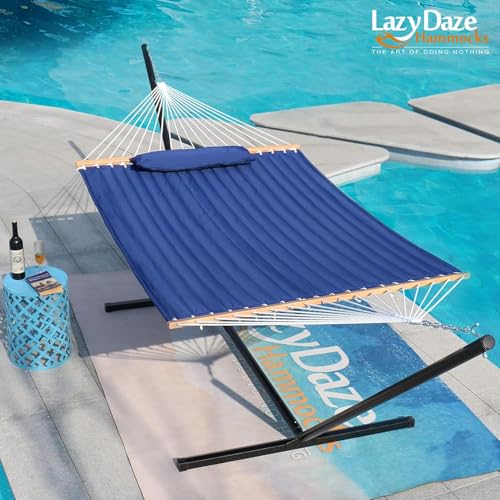 Lazy Daze Double Quilted Hammock with Pillow for Outside, Fit 13-15Ft Stand - color: Navy Blue