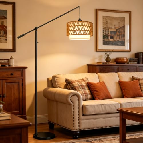 【Upgraded】Boho Dimmable Floor Lamps with Adjustable Swing Arm, 1100 Lumens Bulb Included, Modern Standing Lamp with Rattan & Fabric Shades, Rattan Tall Arc Floor Lamp for Living Room Bedroom, Black - color: Farmhouse-Matte Black