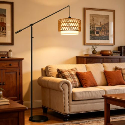 【Upgraded】Boho Dimmable Floor Lamps with Adjustable Swing Arm, 1100 Lumens Bulb Included, Modern Standing Lamp with Rattan & Fabric Shades, Rattan Tall Arc Floor Lamp for Living Room Bedroom, Black - color: Farmhouse-Matte Black