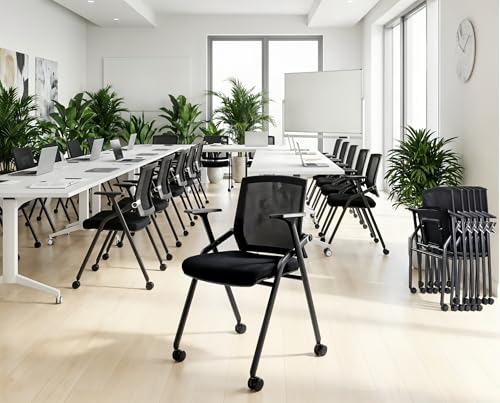 40 Pack Stackable Conference Room Chairs with Paddle Folding Office Chair Foldable Desk Chair Mesh Back and Arms for Conference Meeting Guest Reception Home Office Training Room Chair Black - color: Black, size: 40 Pack