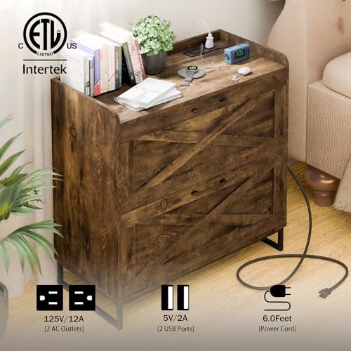 Vabches 2 Drawer Lateral File Cabinet with Charging Station, Rustic Brown - color: Brown