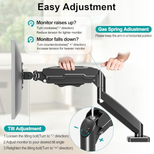 Single Monitor Mount, Fully Adjustable Monitor Arm Fits Max 32" Screen | Gas Spring VESA Mount with Clamp & Grommet Base, Computer Desk Arm with Tilt Swivel Rotate, Holds up to 19.8lbs - color: Black, size: Single