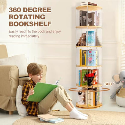 TAKEKIT 360° Rotating Bookshelf, 5-Tier Spinning Book Shelf Tower with Solid Wood & Clear Acrylic, Round Revolving Bookcase for Living Room, Bedroom and Office - color: Natural Round, size: 5-Tier