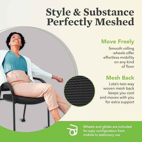 HON Lota Guest Chair with Arms and Wheels, Mesh Office Chairs, Black | Office furniture with arms and wheels for waiting rooms chairs, conference room chair, and banquette seating - color: Black - Mesh Back - Arms and Casters