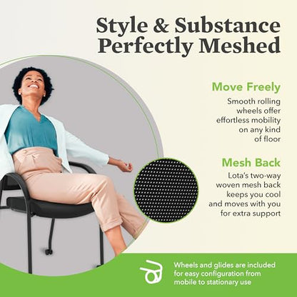 HON Lota Guest Chair with Arms and Wheels, Mesh Office Chairs, Black | Office furniture with arms and wheels for waiting rooms chairs, conference room chair, and banquette seating - color: Black - Mesh Back - Arms and Casters