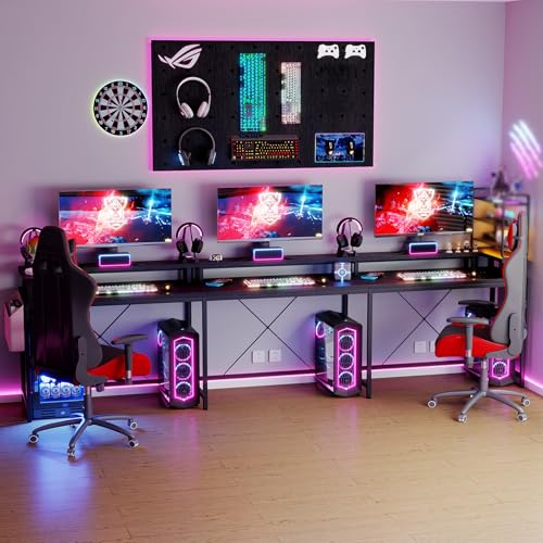 IDEALHOUSE U Shaped Home Office Desk, Reversible L Shaped Gaming Computer Desk with Power Outlets,126 Inch Computer Desk with Monitor Stand and LED Lights,Storage Shelves,Storage Bag and Hooks（Black） - color: Black
