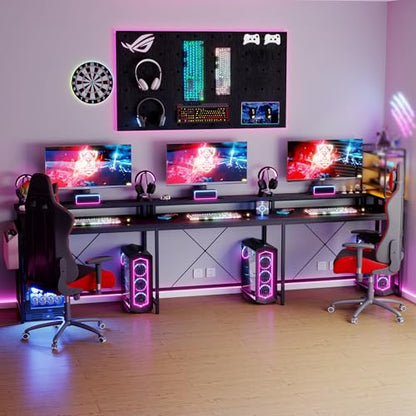 IDEALHOUSE U Shaped Home Office Desk, Reversible L Shaped Gaming Computer Desk with Power Outlets,126 Inch Computer Desk with Monitor Stand and LED Lights,Storage Shelves,Storage Bag and Hooks（Black） - color: Black