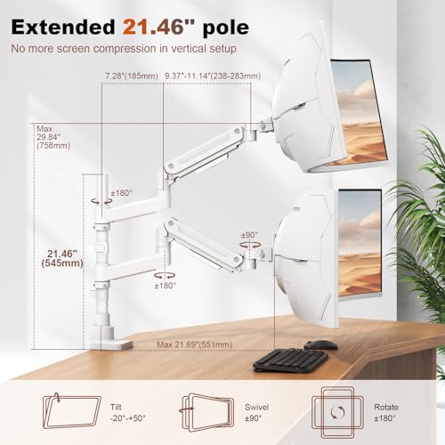 Heavy Duty Dual Monitor Arm for 17-49" Screens, Vertical Stack, 44lbs - color: White