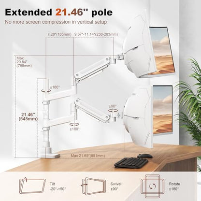 Heavy Duty Dual Monitor Arm for 17-49" Screens, Vertical Stack, 44lbs - color: White