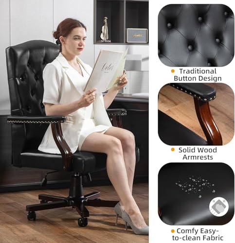 Tufted Office Chair, Faux Leather Executive Desk Chair w/High Back & Nail Head Trim,Ergonomic Wingback PC Chair for Home Living Room (Black) - color: Black