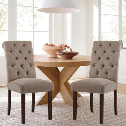 COLAMY Button Tufted Dining Chairs Set of 2, Parsons Upholstered Fabric Dining Room Chair Kitchen Chairs with Wood Legs and Padded Seat, Taupe - color: Taupe, size: set of 2