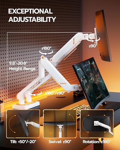 ARES WING 17-45 Inch Monitor Arm Ultrawide Dual Monitor Mount, White | Heavy Duty Mechanical Spring Monitor Stand Adjustable Arms Holds up to 44lbs, 75/100 VESA Mount with Clamp/Grommet Base - color: White, style: Non RGB