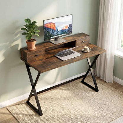 Manora Computer Desk with Drawers and Monitor Stand, 47" Home Office Desk with Storage Shelf, Rustic Brown Writing Study Table with Metal Frame for Bedroom, Workstation for Laptop PC