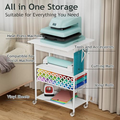 Homsorout Movable Heat Press Table with Drawer & Hooks, 23.6''×19.6'' - style: White