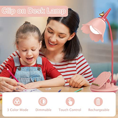Pink Desk Lamp with Clamp, Rechargeable LED Small Lamp, Adjustable Gooseneck, Dimmable Cute for Kids Girls Bedroom Dorm Office
