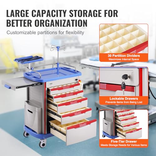 VEVOR Medical Crash Cart, Nursing Emergency Rolling Cart with 5 Drawers & 4 Silent Wheels, Adjust IV Pole, Needle Disposal Holder, Trash Bin, O2 Holder, Mobile Trolley for Hospital, Clinic, Lab, Salon - color: Grey + Blue