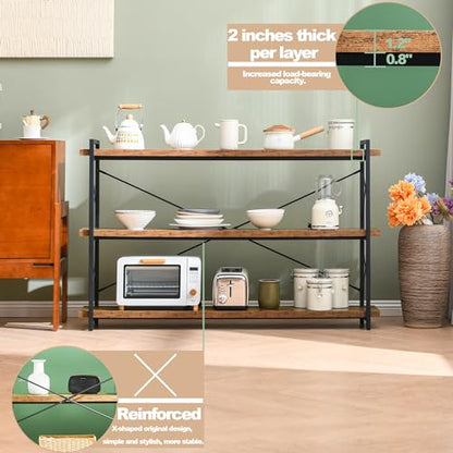 HCHQHS Bookshelf, 3-Tier Long Industrial Bookcase, Rustic Open Book Shelf, Freestanding Horizontal Bookshelves with Metal Frame - color: Rustic Brown, size: 3-Tier (56.7"W x 35.8"H)