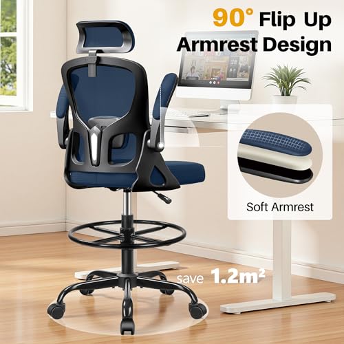 Drafting Chair, Tall Office Chair for Standing Desk, Ergonomic High Back with Headrest, Lumbar Support, Foot Ring and Flip-up Armrests, Navy Blue - color: Navy Blue