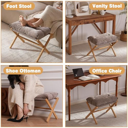 Baveke Folding Foot Stool, Small Accent Ottoman with Thick Cotton Cushion & Bamboo X Legs, Modern Padded Sofa Stool for Makeup Bedroom Living Room (Brown) - color: Light Brown, size: 21.3"D x 13.4"W x 18.5"H