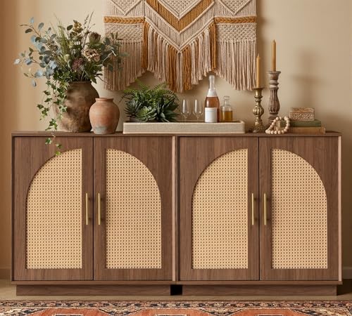 FORTUNETEC 31.7" Sideboard Buffet Cabinet with Storage, Natural Walnut,2pcs | Accent Cabinet with Arched Doors, Boho Modular Media Console, Credenza for Living Room Kitchen Dining Room Entryway - color: Natural Walnut, size: 2