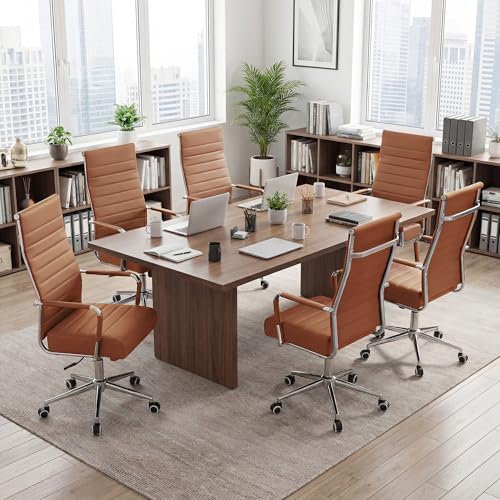 JOMEED Office Desk Chair,Conference Room Chair,High Back PU Leather Swivel | Modern Executive Ribbed Design, Ergonomic, Height Adjustable, Wheels and Arms, for Home Office(Brown-Silver Frame) - color: Brown-sliver Frame
